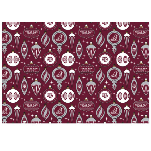 Texas A&M holiday wrapping paper with maroon background and ornament pattern featuring Texas A&M logos and Reveille.