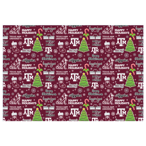 Texas A&M holiday wrapping paper with maroon background, festive Christmas icons, and Aggies logos.