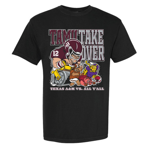 Black Texas A&M takeover t-shirt with Aggie football player graphic and “Texas A&M vs. All Y’all” text.