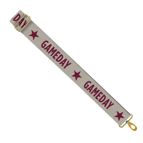Texas A&M maroon gameday bag strap with stars and gold hardware.