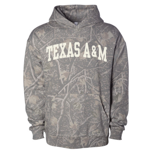 Texas A&M camouflage hoodie with bold white lettering across the chest.