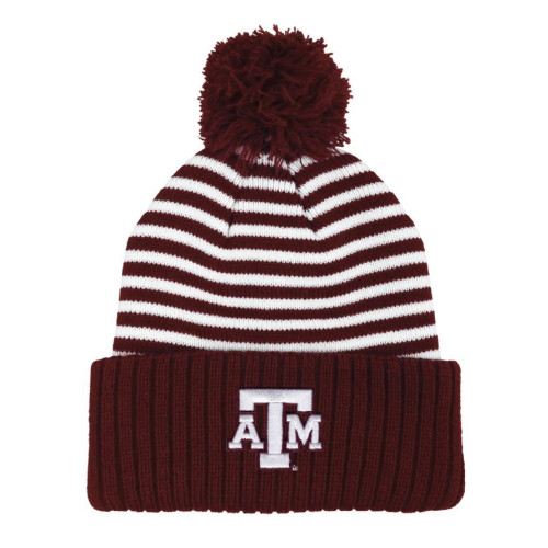 Texas A&M maroon and white striped beanie with pom and embroidered ATM logo on cuff.