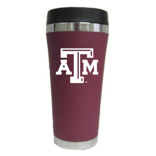 Maroon Texas A&M travel tumbler with stainless steel trim and black lid featuring the ATM logo.