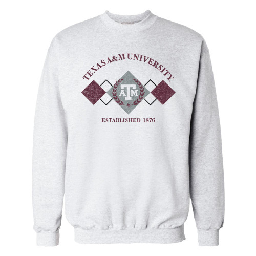 Light gray Texas A&M crewneck sweatshirt with vintage-style crest, ATM logo, and Established 1876 design.