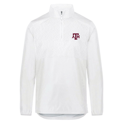 White Texas A&M quarter zip pullover with maroon embroidered logo on the chest and textured shoulder design.
