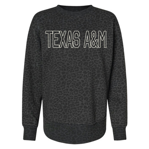 Black leopard print crewneck sweatshirt with bold white “Texas A&M” text across the chest. Black leopard print crewneck sweatshirt with bold white “Texas A&M” text across the chest.