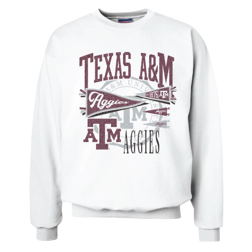White crewneck sweatshirt with large retro Texas A&M Aggies graphic, pennant details, and ATM logo in maroon and gray.
