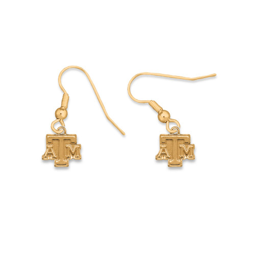 Gold Texas A&M dangle earrings with ATM logo charms on fishhook backs. Gold Texas A&M dangle earrings with ATM logo charms on fishhook backs.