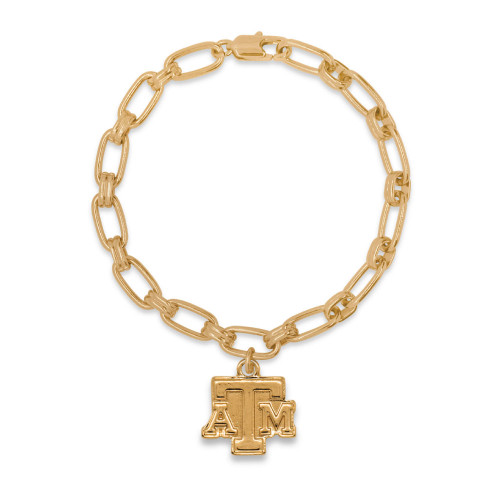 Gold Texas A&M chain bracelet with bold ATM logo charm. Gold Texas A&M chain bracelet with bold ATM logo charm.
