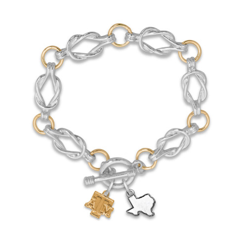 Texas A&M charm bracelet with silver and gold links, ATM logo charm, and Texas state charm. Texas A&M charm bracelet with silver and gold links, ATM logo charm, and Texas state charm.