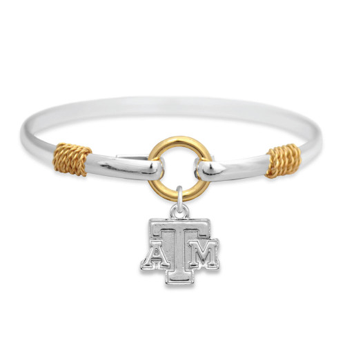 Texas A&M silver and gold bangle bracelet with ATM logo charm. Texas A&M silver and gold bangle bracelet with ATM logo charm.