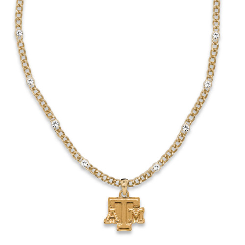 Texas A&M gold chain necklace with crystal accents and ATM logo pendant. Texas A&M gold chain necklace with crystal accents and ATM logo pendant.