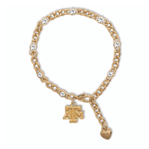 Texas A&M gold charm bracelet with crystal accents, ATM logo, and heart charm. Texas A&M gold charm bracelet with crystal accents, ATM logo, and heart charm.