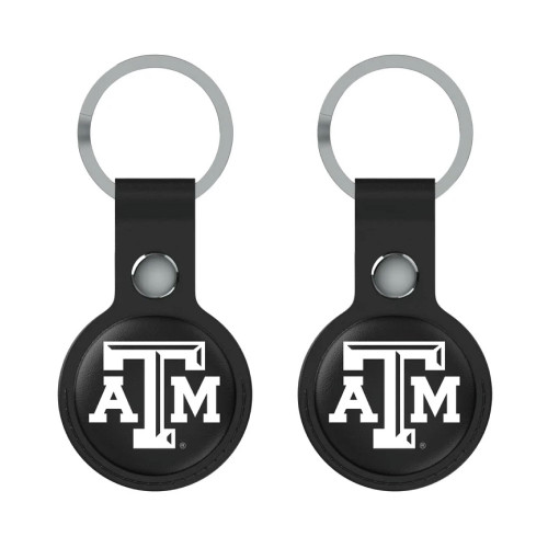 Texas A&M Aggies AirTag holder set featuring the Texas A&M logo on black round holders attached to key rings.