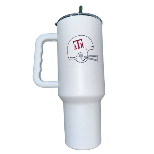 White Texas A&M travel mug with maroon football helmet design and sturdy handle.