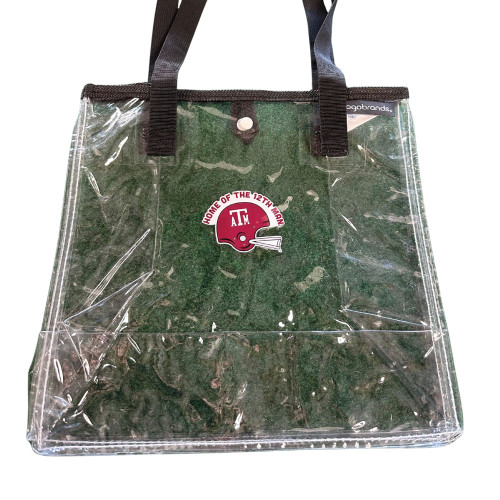 Clear Texas A&M stadium tote bag with maroon Aggie helmet logo and “Home of the 12th Man” text.