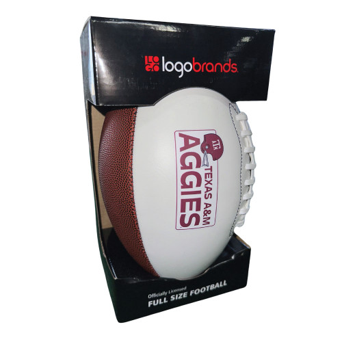 Full-size Texas A&M Aggies football with maroon logo and helmet design in packaging.