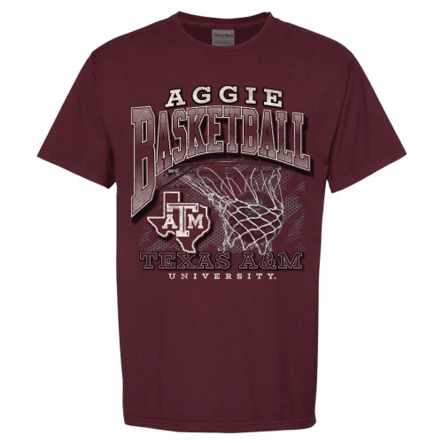 Maroon Texas A&M Aggie Basketball t-shirt with basketball net graphic and A&M logo. Maroon Texas A&M Aggie Basketball t-shirt with basketball net graphic and A&M logo.