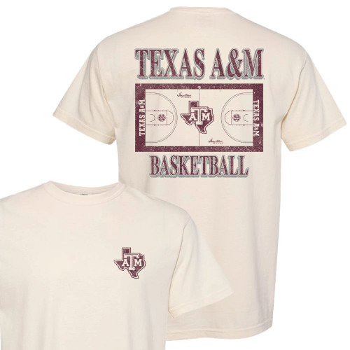 Natural Texas A&M Basketball T-shirt with maroon court design on back and small logo on front. Natural Texas A&M Basketball T-shirt with maroon court design on back and small logo on front.