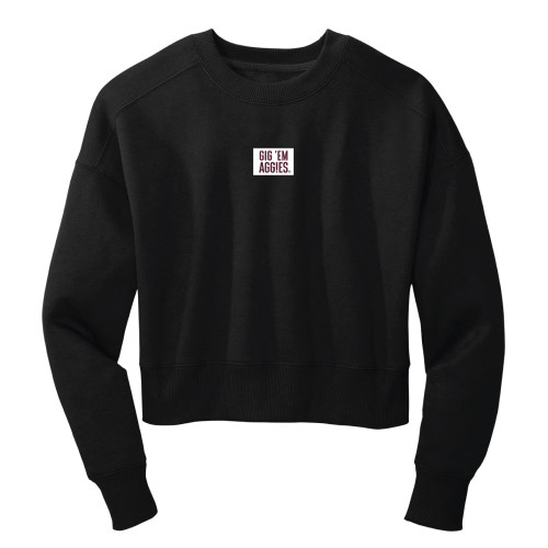 Black cropped Texas A&M crewneck with small centered “Gig ’Em Aggies” text on the front.