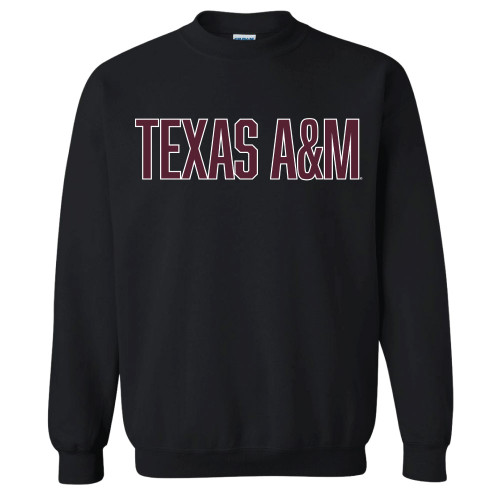 Black Texas A&M crewneck sweatshirt with bold maroon outlined Texas A&M lettering across the chest.
