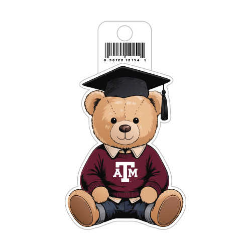 Texas A&M graduation bear sticker featuring a bear in a maroon Aggies sweater and black graduation cap.