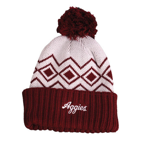 Texas A&M Aggies knit beanie featuring maroon and white geometric pattern, pom on top, and embroidered Aggies lettering on cuff.