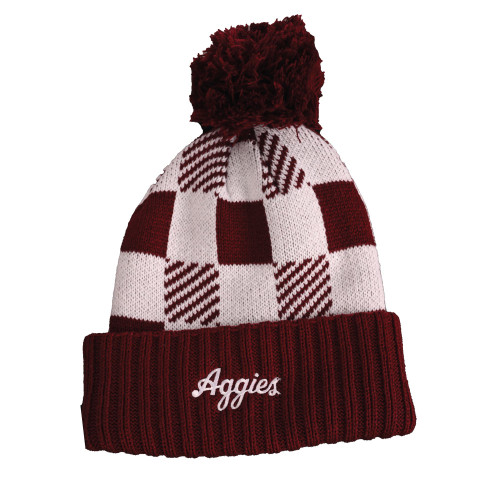 Texas A&M Aggies knit beanie featuring maroon and white checkered pattern, pom on top, and embroidered Aggies lettering on cuff.