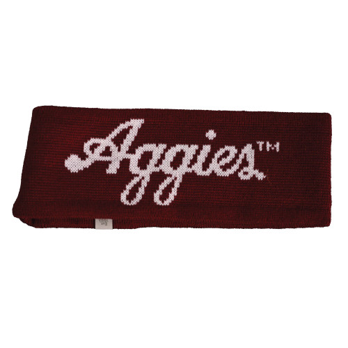 Texas A&M Aggies maroon knit earband featuring white Aggies script lettering for cold weather game day wear.