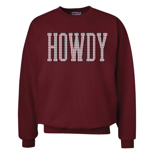 Maroon Texas A&M sweatshirt with plaid-patterned “Howdy” text across the front.