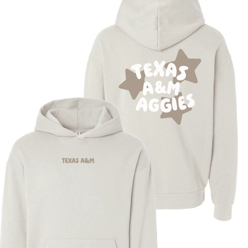 Neutral Texas A&M hoodie with small text on the front and star-accented “Texas A&M Aggies” design on the back. Neutral Texas A&M hoodie with small text on the front and star-accented “Texas A&M Aggies” design on the back.