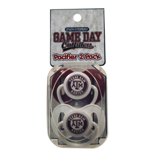 Texas A&M Aggies pacifier two pack featuring maroon and white pacifiers with Texas A&M logos.