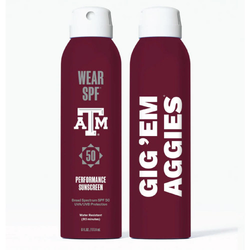 Texas A&M Aggies maroon SPF 50 performance sunscreen spray with Texas A&M logo and Gig ’Em Aggies text.
