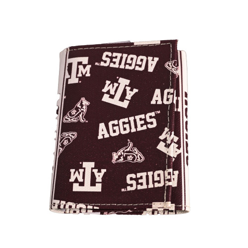 Texas A&M Aggies maroon trifold wallet featuring repeating Texas A&M logos and Aggies lettering design.