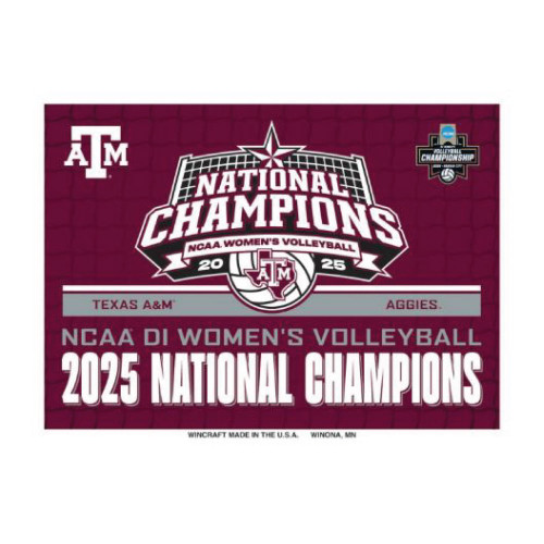 Texas A&M Aggies 2025 National Champions women’s volleyball rectangular magnet with maroon background and championship logo
