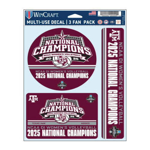 Texas A&M Aggies 2025 NCAA Women’s Volleyball National Champions decal set with three maroon championship designs.
