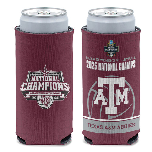 Texas A&M Aggies NCAA DI Women’s Volleyball 2025 National Champions maroon can cooler with official championship logo and ATM branding