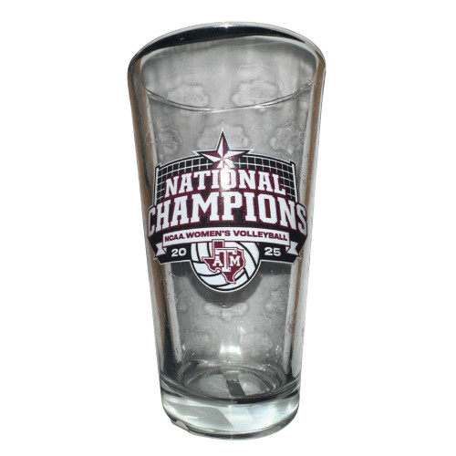 Texas A&M Aggies 2025 National Champions women’s volleyball clear pint glass with maroon championship logo