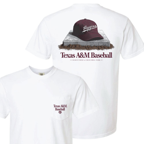 White Texas A&M Baseball pocket t shirt featuring Olsen Field at Blue Bell Park graphic on back, base and cap