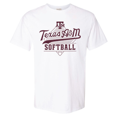 White Texas A&M Softball T shirt with maroon lettering and softball inspired graphic