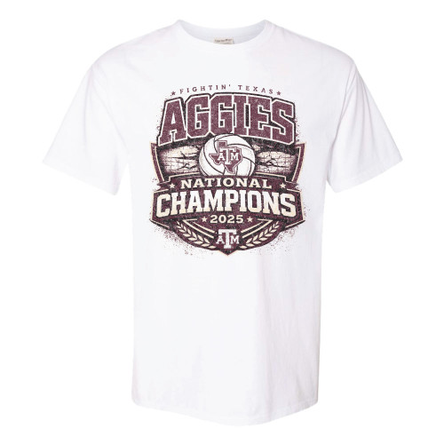 Texas A&M Aggies 2025 National Champions volleyball T shirt with championship crest and Aggies lettering