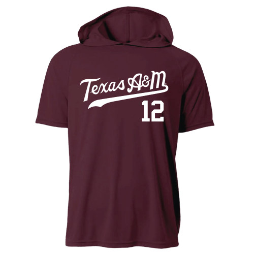 Youth maroon Texas A&M short sleeve hoodie t shirt with white script logo and 12th Man number 12 graphic on front