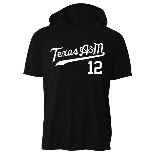 Youth black Texas A&M short sleeve hoodie t shirt with white script logo and number 12 12th Man graphic on front