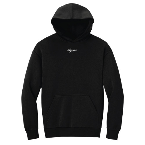 Black Texas A&M hoodie with small white Aggies script on the chest and front kangaroo pocket