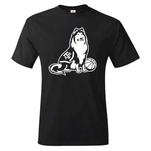 Black Texas A&M t shirt with white graphic of Reveille sitting next to a basketball and AM logo detail