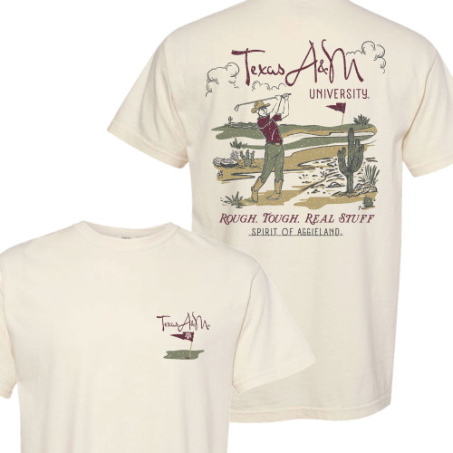 Texas A&M University golf graphic t shirt with vintage golfer illustration and Spirit of Aggieland text