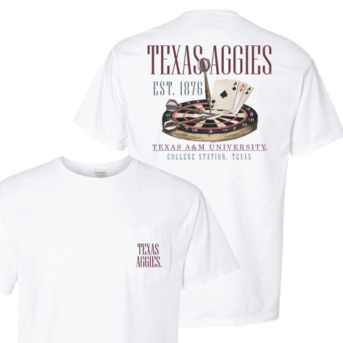 Texas A&M Aggies white pocket t shirt with dartboard and playing cards graphic and Texas A&M University text on back
