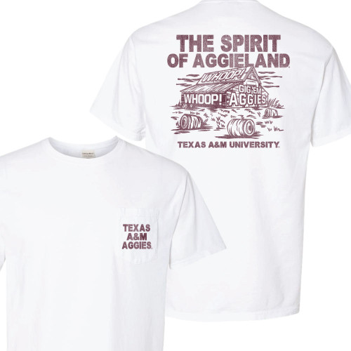 Texas A&M Spirit of Aggieland pocket t shirt with rustic barn graphic and Texas A&M Aggies pocket logo
