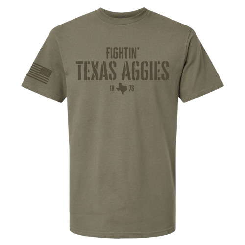 Fightin Texas Aggies olive green t shirt with front Texas A&M Aggies text, 1876 detail, Texas silhouette, and American flag on sleeve