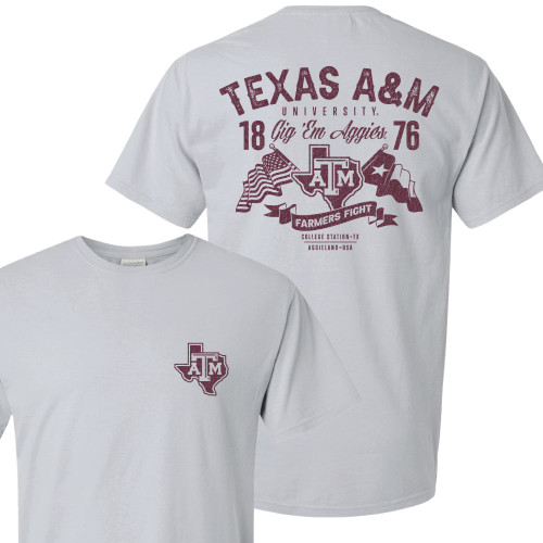 Texas A&M Aggies grey t shirt with front Texas shaped A&M logo and back vintage Texas A&M University 1876 Gig Em Aggies design with American and Texas flags